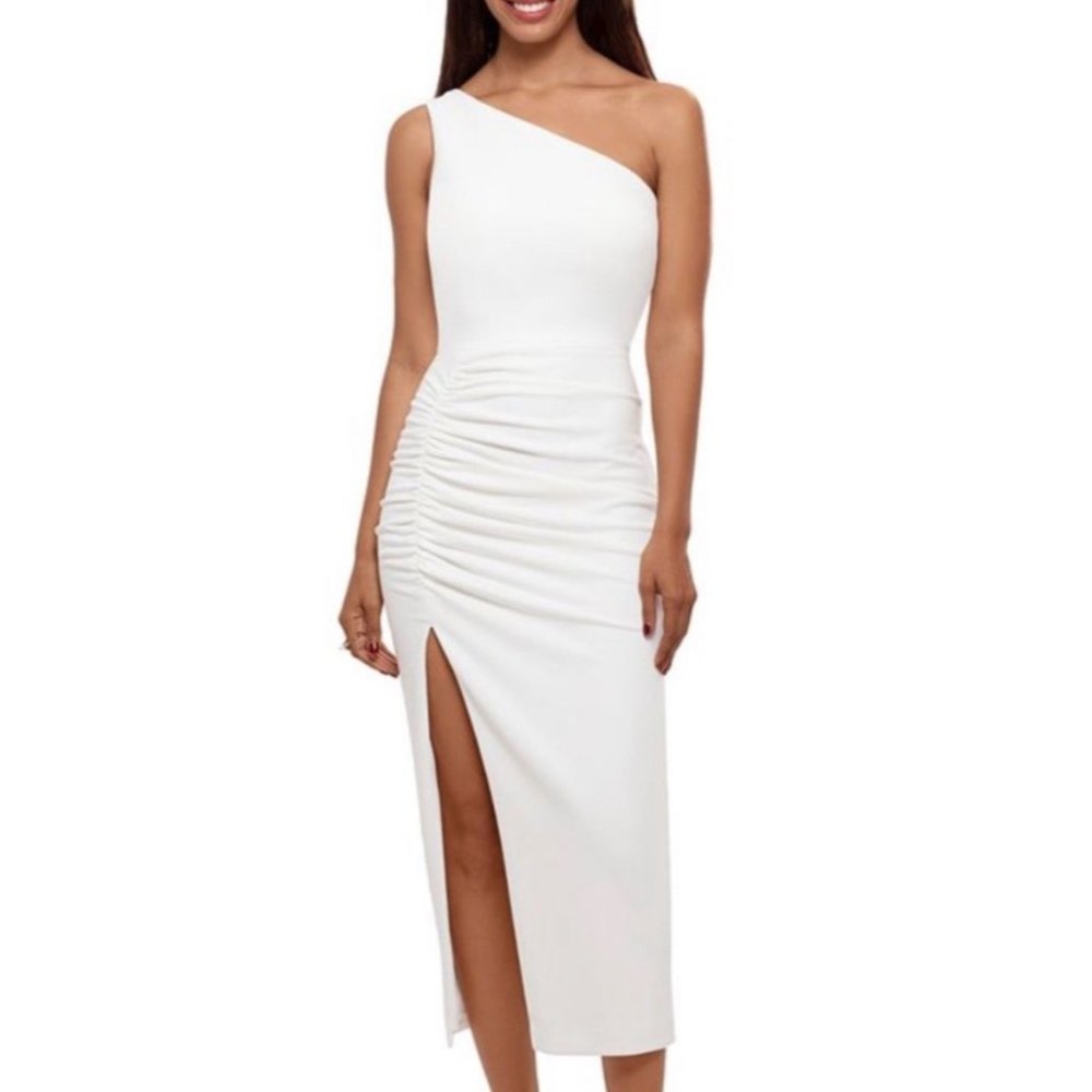 Betsy & Adam One-Shoulder Rushed MIDI Dress White Size 6